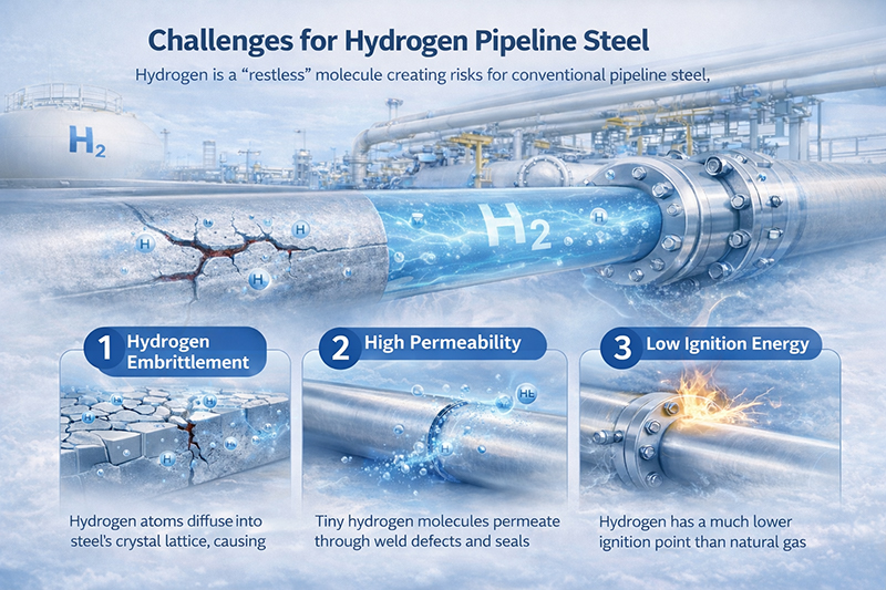 Infographic showing the three main challenges of hydrogen pipeline steel: hydrogen embrittlement, high permeability, and low ignition energy compared to natural gas. Infographic showing the three main challenges of hydrogen pipeline steel: hydrogen embrittlement, high permeability, and low ignition energy compared to natural gas.